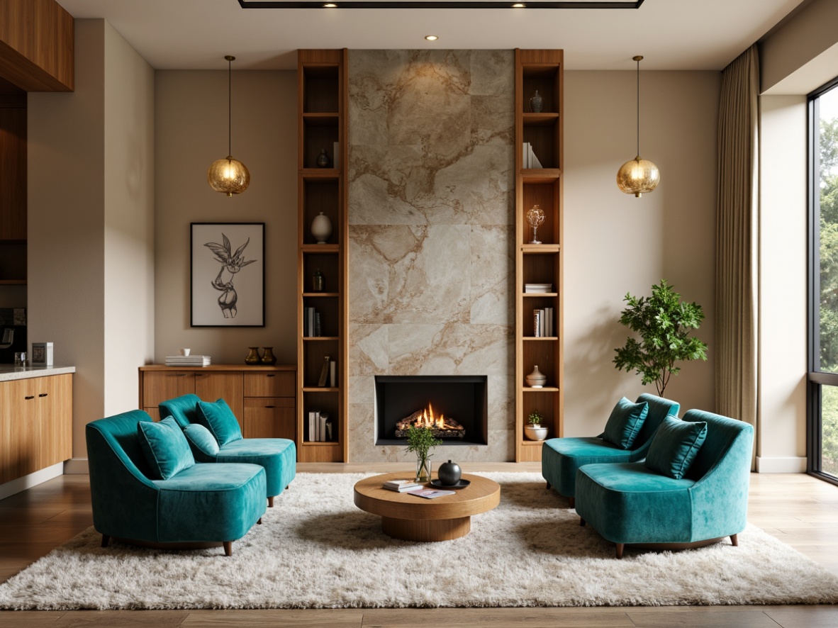 Prompt: Elegant living room, luxurious velvet sofa, rich wood accents, metallic gold lighting fixtures, creamy marble countertops, soft plush area rug, calming beige walls, vibrant turquoise accent pillows, natural stone fireplace, modern minimalist decor, warm ambient lighting, shallow depth of field, 1/1 composition, realistic textures, ambient occlusion.