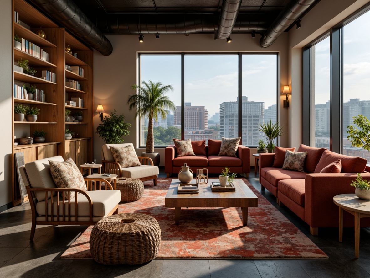 Prompt: Elegant lounge chairs, plush sofas, velvet ottomans, wooden coffee tables, woven baskets, vibrant throw pillows, rustic side tables, natural stone floors, modern track lighting, cozy reading nooks, floor-to-ceiling windows, panoramic city views, soft warm glow, 1/2 composition, shallow depth of field, realistic textures, ambient occlusion.