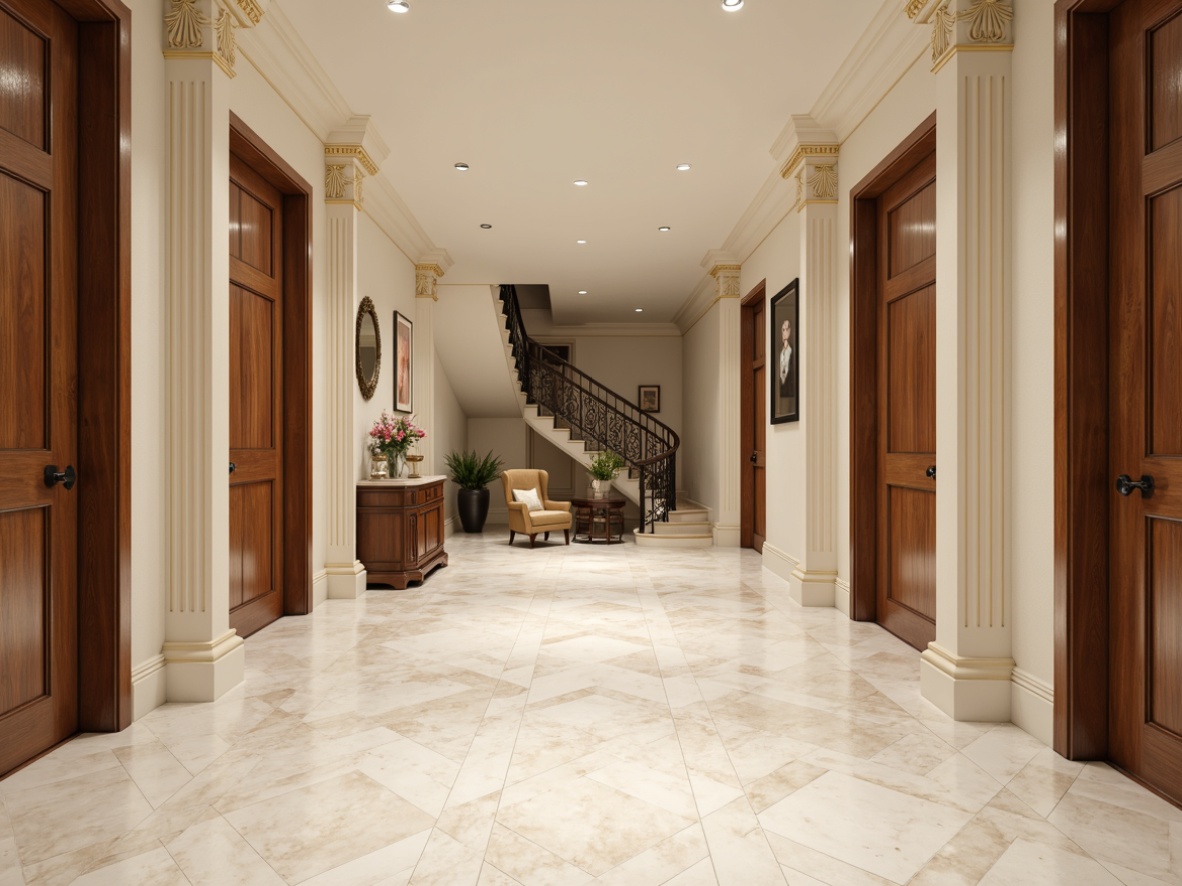 Prompt: Elegant basement space, neoclassical style, marble flooring, herringbone pattern, creamy white tones, warm beige accents, ornate moldings, decorative columns, classic furniture pieces, rich wood paneling, subtle sheen, softbox lighting, shallow depth of field, 1/1 composition, realistic textures, ambient occlusion.