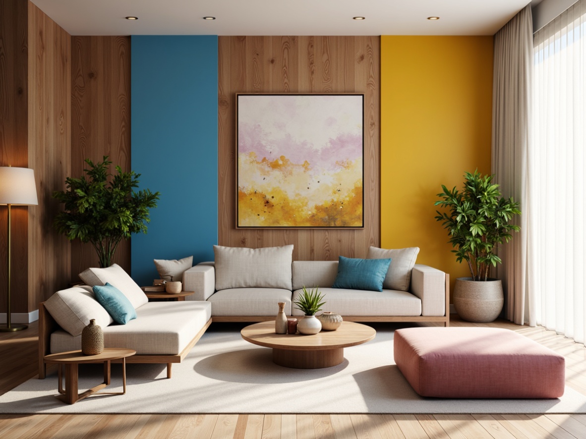 Prompt: Vibrant living room, bold accent walls, rich wood tones, creamy whites, soft grays, warm beige, calming blues, energetic yellows, pastel pinks, luxurious fabrics, velvety textures, metallic accents, modern minimalist furniture, sleek lines, geometric patterns, natural light pouring in, sheer curtains, soft warm glow, 1/1 composition, shallow depth of field.