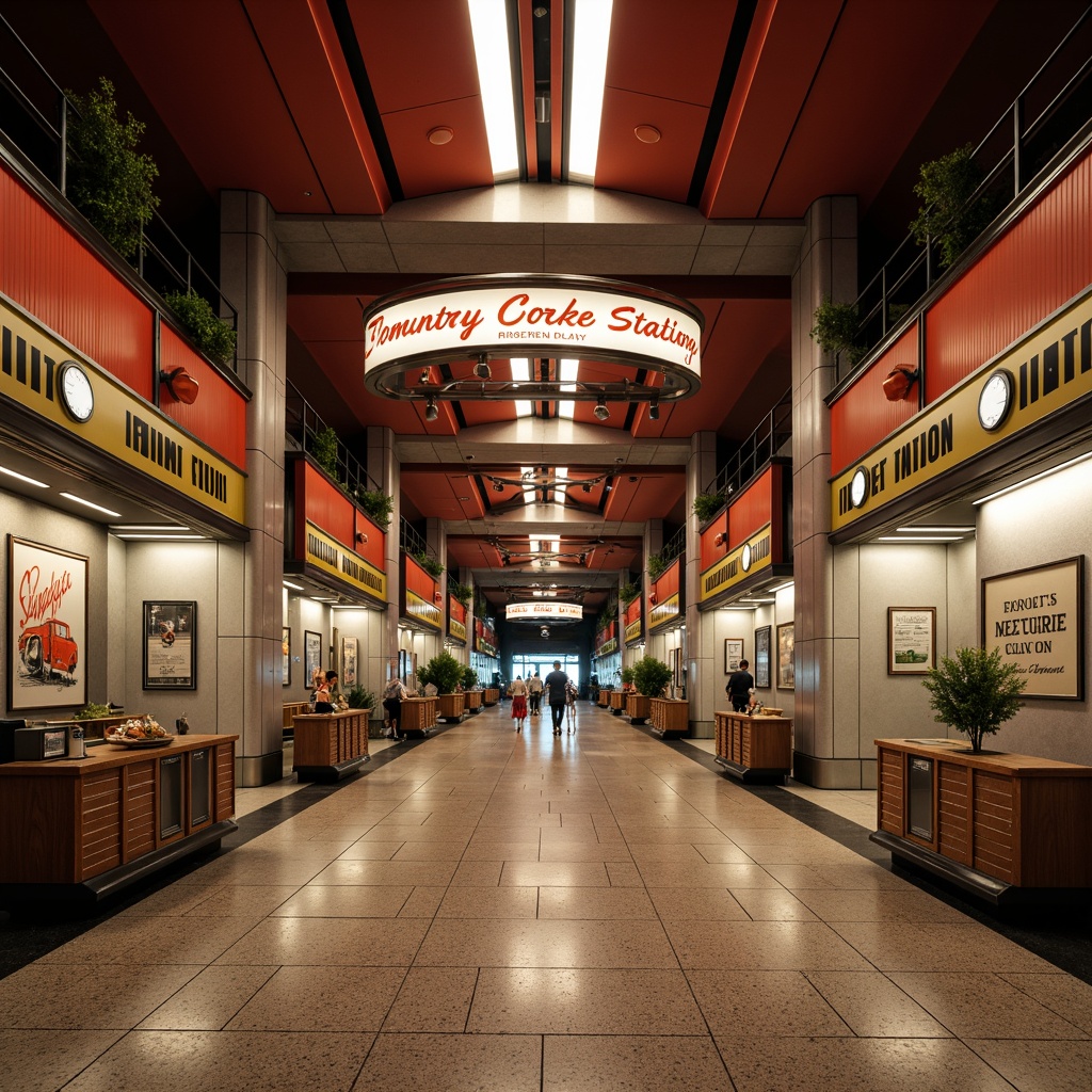 Prompt: Retro-futuristic train station, mid-century modern architecture, sleek lines, geometric shapes, bold typography, vibrant color schemes, directional signage, illuminated displays, stainless steel accents, terrazzo flooring, wooden paneling, retro-style clocks, vintage luggage racks, nostalgic advertisements, warm ambient lighting, shallow depth of field, 1/1 composition, realistic textures, ambient occlusion.