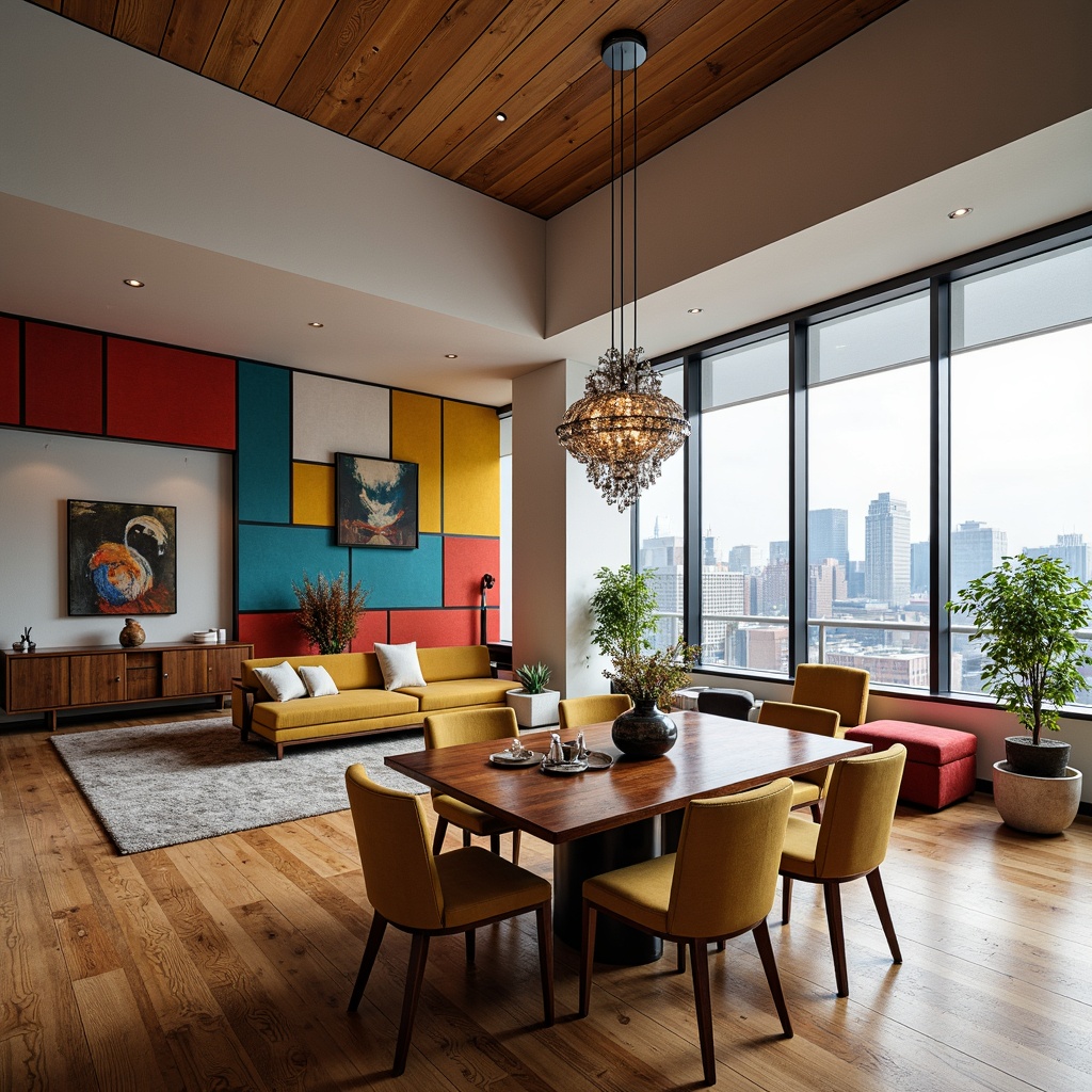 Prompt: Spacious dining room, eclectic postmodern decor, bold color blocks, abstract artwork, irregular shape furniture, mixed material textures, wooden floors, sleek metal accents, minimalist chandeliers, abundant natural light, floor-to-ceiling windows, panoramic city view, shallow depth of field, 1/1 composition, realistic reflections, ambient occlusion.