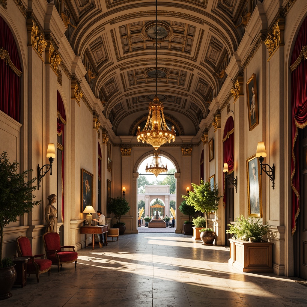 Prompt: Grand museum entrance, ornate Renaissance-style facade, intricate stone carvings, gilded accents, lavish fountains, polished marble floors, high ceilings with decorative moldings, ornamental chandeliers, rich velvet drapes, antique furnishings, classic sculptures, oil paintings, warm golden lighting, soft focus, 1/1 composition, symmetrical view, detailed textures, subtle ambient occlusion.