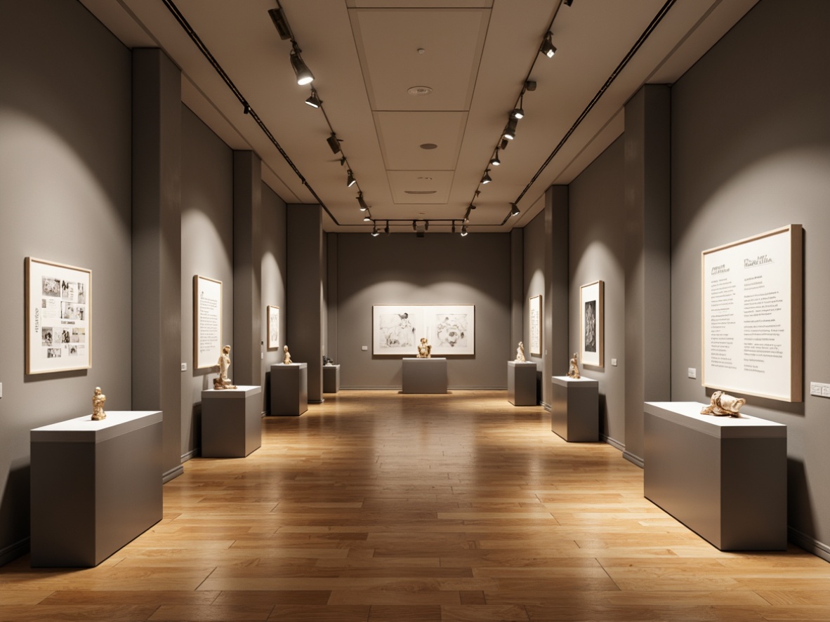 Prompt: Elegant gallery interior, academic atmosphere, neutral color palette, polished wooden floors, minimalist exhibition stands, modern track lighting, adjustable spotlights, LED strip lights, floor-to-ceiling windows, natural daylight, soft warm glow, subtle shadows, 1/1 composition, symmetrical balance, realistic textures, ambient occlusion.