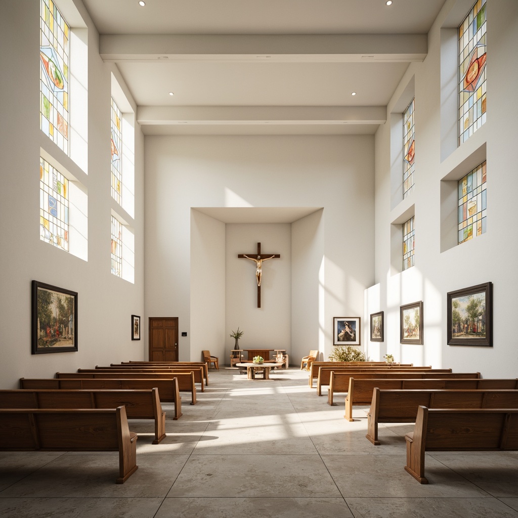 Prompt: Minimalist church interior, sleek white walls, subtle texture, ambient warm lighting, stained glass windows, modern wooden pews, geometric patterns, abstract art pieces, polished metal accents, natural stone flooring, minimalist crucifix, soft pastel colors, calming atmosphere, shallow depth of field, 1/1 composition, realistic textures, subtle shading.