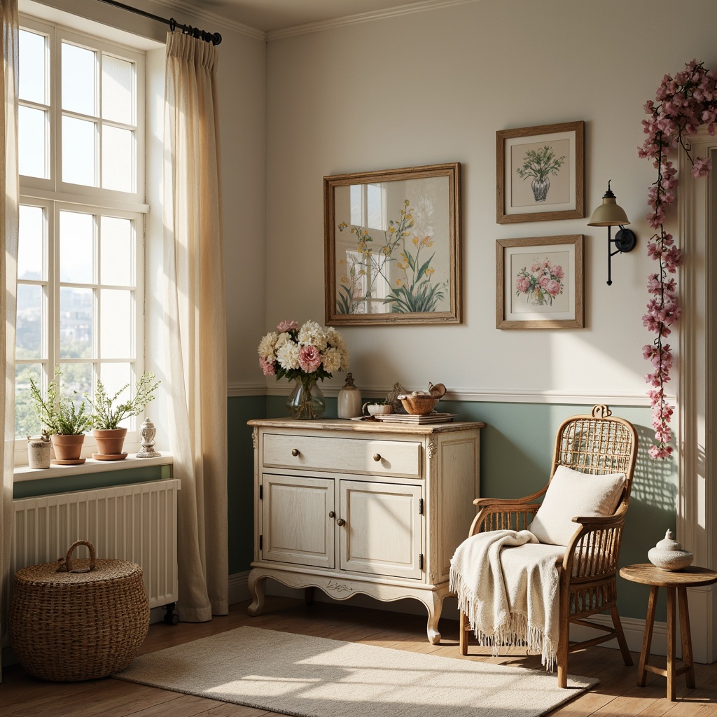 Prompt: Vintage distressed furniture, soft pastel hues, warm beige tones, creamy whites, pale pinks, baby blues, muted florals, lace details, feminine accents, rustic wooden textures, ornate metal fixtures, distressed finishes, natural fabrics, flowy curtains, delicate patterns, whimsical illustrations, gentle lighting, warm atmospheric mood, soft focus, 1/1 composition, intimate setting.