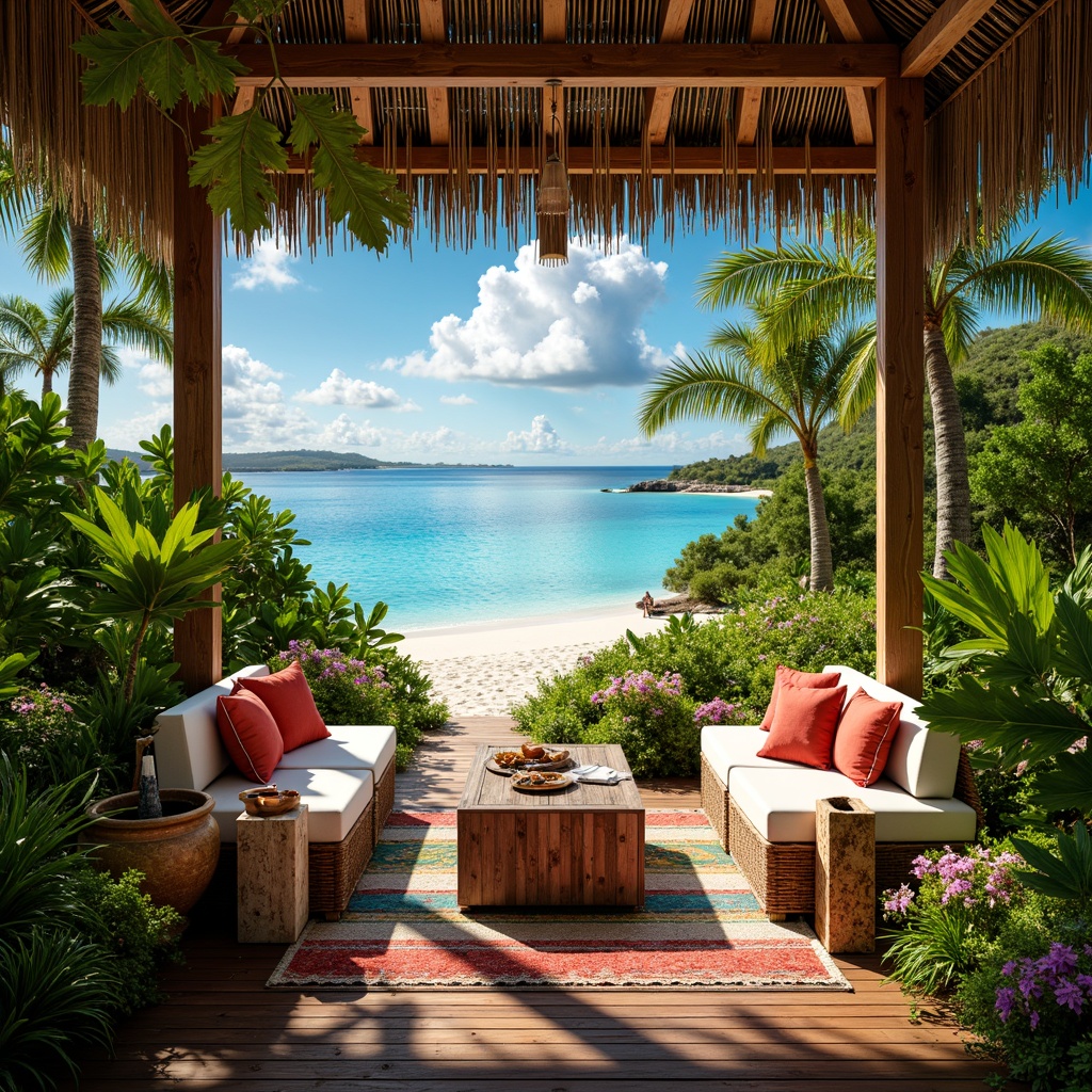 Prompt: Vibrant tropical atmosphere, lush green foliage, exotic flowers, bright coral reefs, warm sandy beaches, clear turquoise waters, rustic wooden accents, natural textiles, woven rattan furniture, colorful tiki torches, bold geometric patterns, playful polynesian motifs, sunny daylight, soft warm lighting, shallow depth of field, 3/4 composition, panoramic view, realistic textures, ambient occlusion.