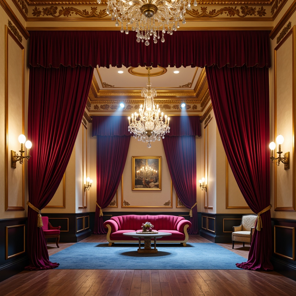 Prompt: Rich velvet curtains, ornate gold accents, luxurious red seating, polished wooden floors, grand chandeliers, dramatic spotlights, warm beige walls, plush blue carpeting, elegant cream columns, sophisticated black trim, lavish purple draping, opulent crystal details, majestic high ceilings, regal atmosphere, soft warm lighting, 1/1 composition, cinematic color grading.