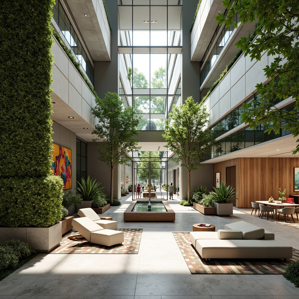 Prompt: Spacious atrium, natural light pouring, lush green walls, sleek modern furniture, polished marble floors, grand staircase, open-plan offices, collaborative workspaces, minimalist decor, abundant plants, wooden accents, soft warm lighting, shallow depth of field, 1/1 composition, panoramic view, realistic textures, ambient occlusion, airy high ceilings, transparent glass partitions, flowing water features, vibrant colorful artwork, geometric patterned rugs.