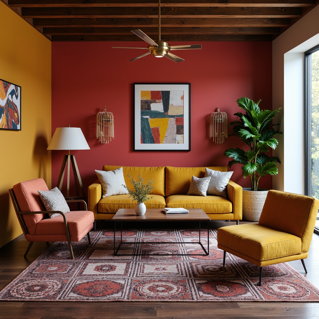 Prompt: Vibrant living room, bold accent walls, statement furniture pieces, geometric patterned rugs, eclectic decorative accessories, rich wood tones, metallic lighting fixtures, plush throw pillows, abstract artwork, natural textiles, earthy color palette, warm ambient lighting, shallow depth of field, 1/1 composition, realistic textures, ambient occlusion.