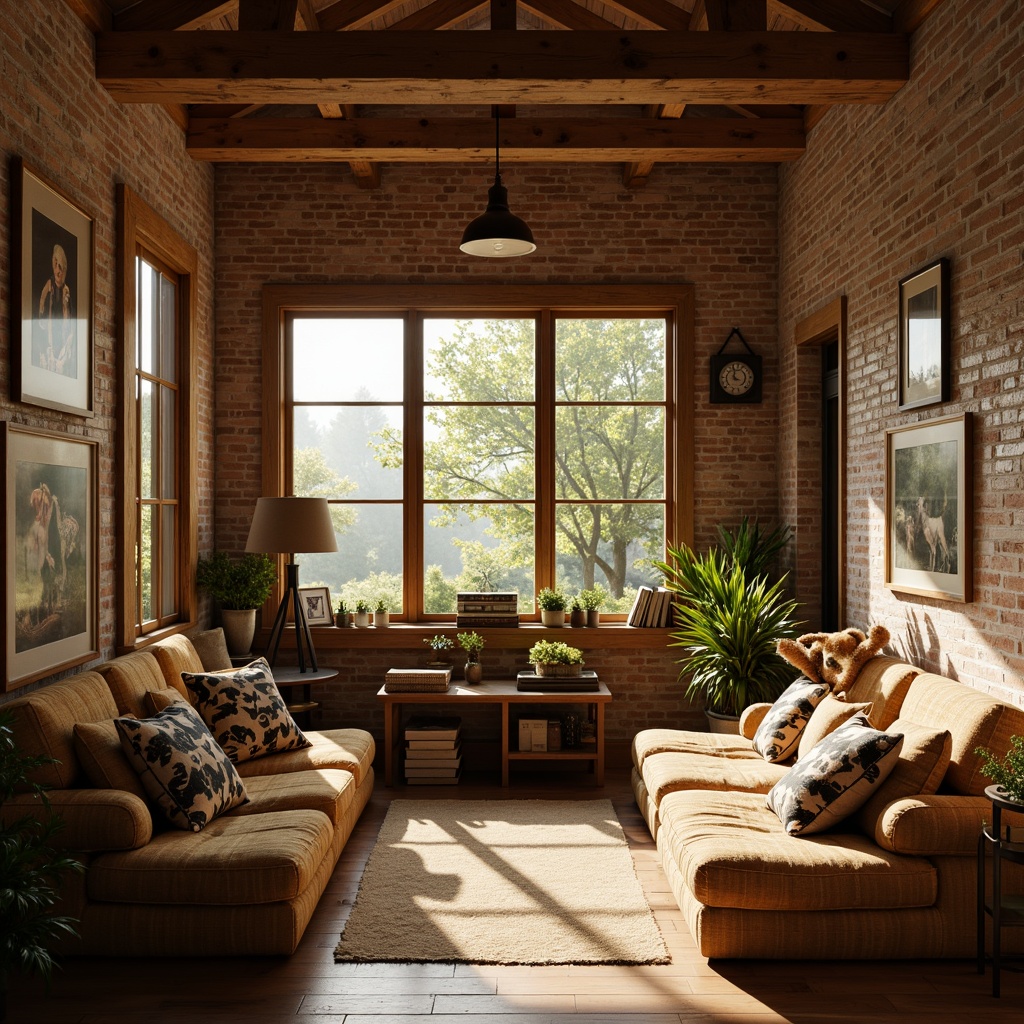 Prompt: Rustic farmhouse interior, warm earthy tones, natural wood accents, vintage zoo-themed decor, distressed finishes, exposed brick walls, cozy reading nooks, plush animal-printed throw pillows, soft golden lighting, shallow depth of field, 1/1 composition, realistic textures, ambient occlusion.