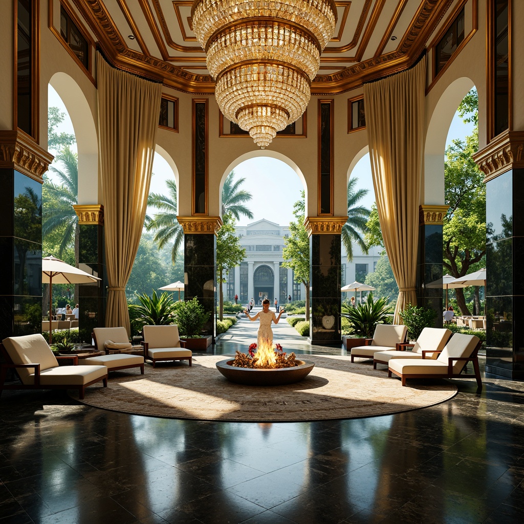 Prompt: Luxurious pavilion, ornate metallic accents, glossy black marble, polished chrome details, vibrant turquoise glass, rich gold leafing, creamy ivory walls, opulent velvet drapes, lavish crystal chandeliers, intricate geometric patterns, bold art deco typography, warm golden lighting, dramatic shadows, 1/1 composition, symmetrical framing, realistic reflections, ambient occlusion.