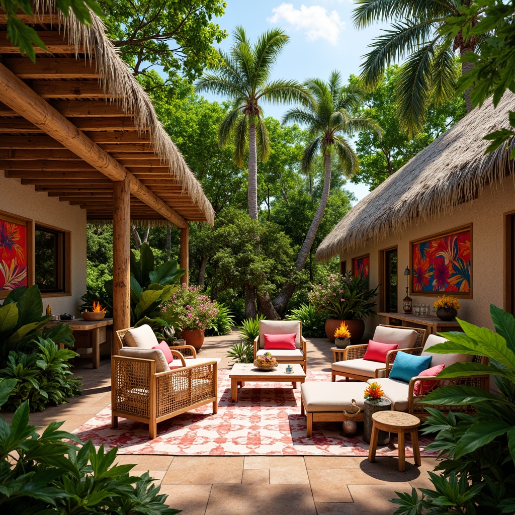 Prompt: Vibrant tropical garden, lush greenery, exotic flowers, palm trees, bamboo accents, natural stone walls, wooden beams, thatched roofs, colorful tiki torches, woven rattan furniture, woven textiles, bold graphic patterns, bright coral colors, sunny day, warm soft lighting, shallow depth of field, 3/4 composition, panoramic view, realistic textures, ambient occlusion.