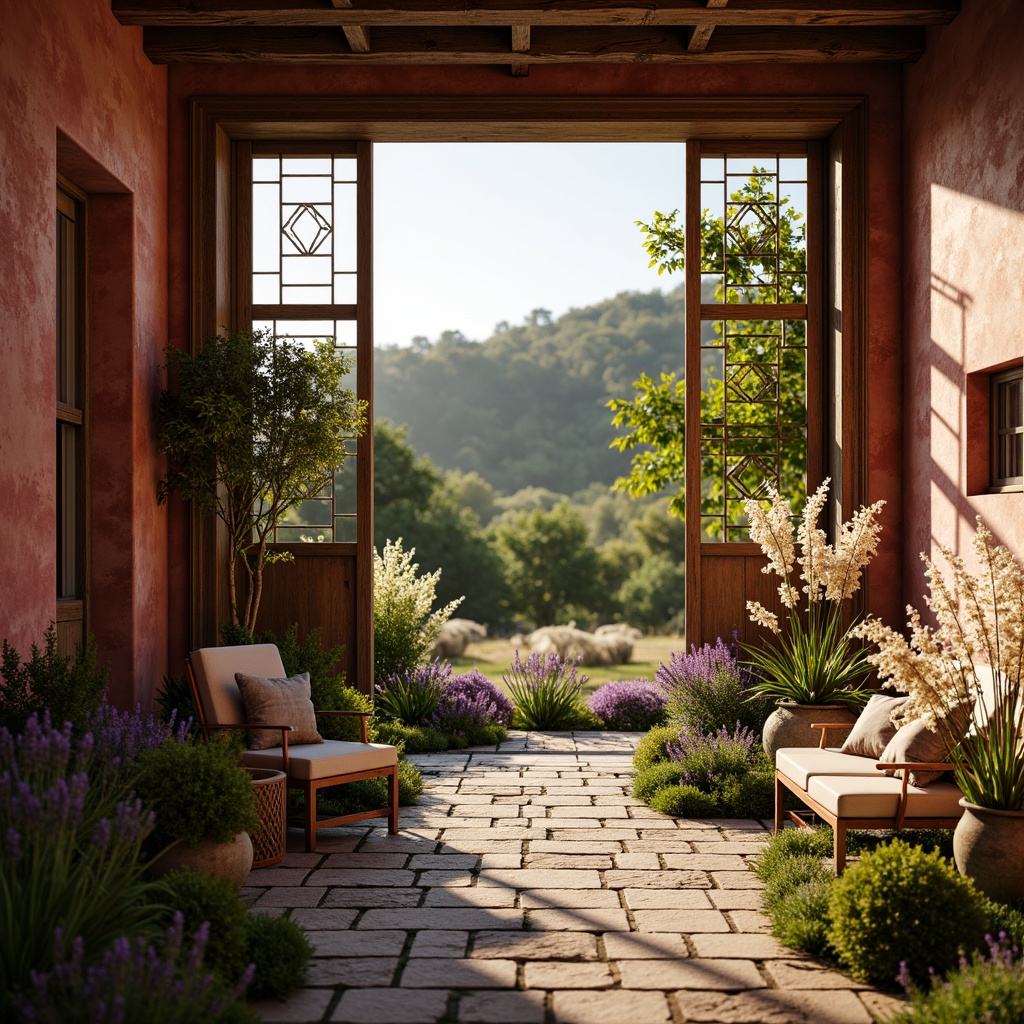 Prompt: Rustic French country estate, warm maroon hue, earthy terracotta walls, distressed wood accents, vintage metal decor, soft golden lighting, lush greenery, blooming lavender fields, rolling hills, serene countryside landscape, natural stone pathways, antique furniture pieces, ornate wooden doors, subtle texture overlays, 1/2 composition, warm shallow focus, realistic ambient occlusion.