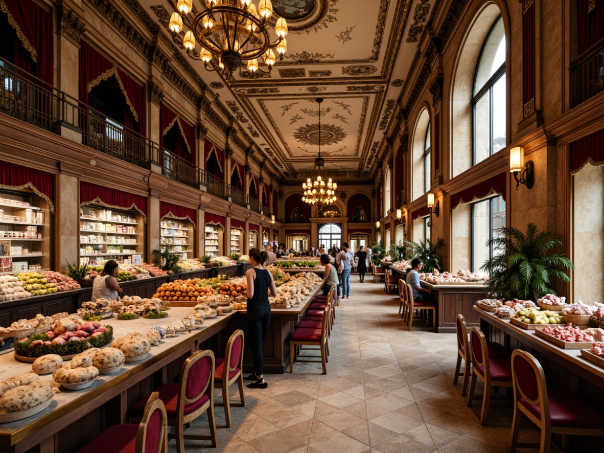 Prompt: Ornate grocery store interior, grandiose chandeliers, lavish furnishings, intricately carved wooden shelves, gilded metal accents, rich velvet drapes, opulent marble countertops, ornamental mirrors, majestic stone columns, intricate fresco ceilings, warm golden lighting, shallow depth of field, 1/2 composition, detailed textures, ambient occlusion.