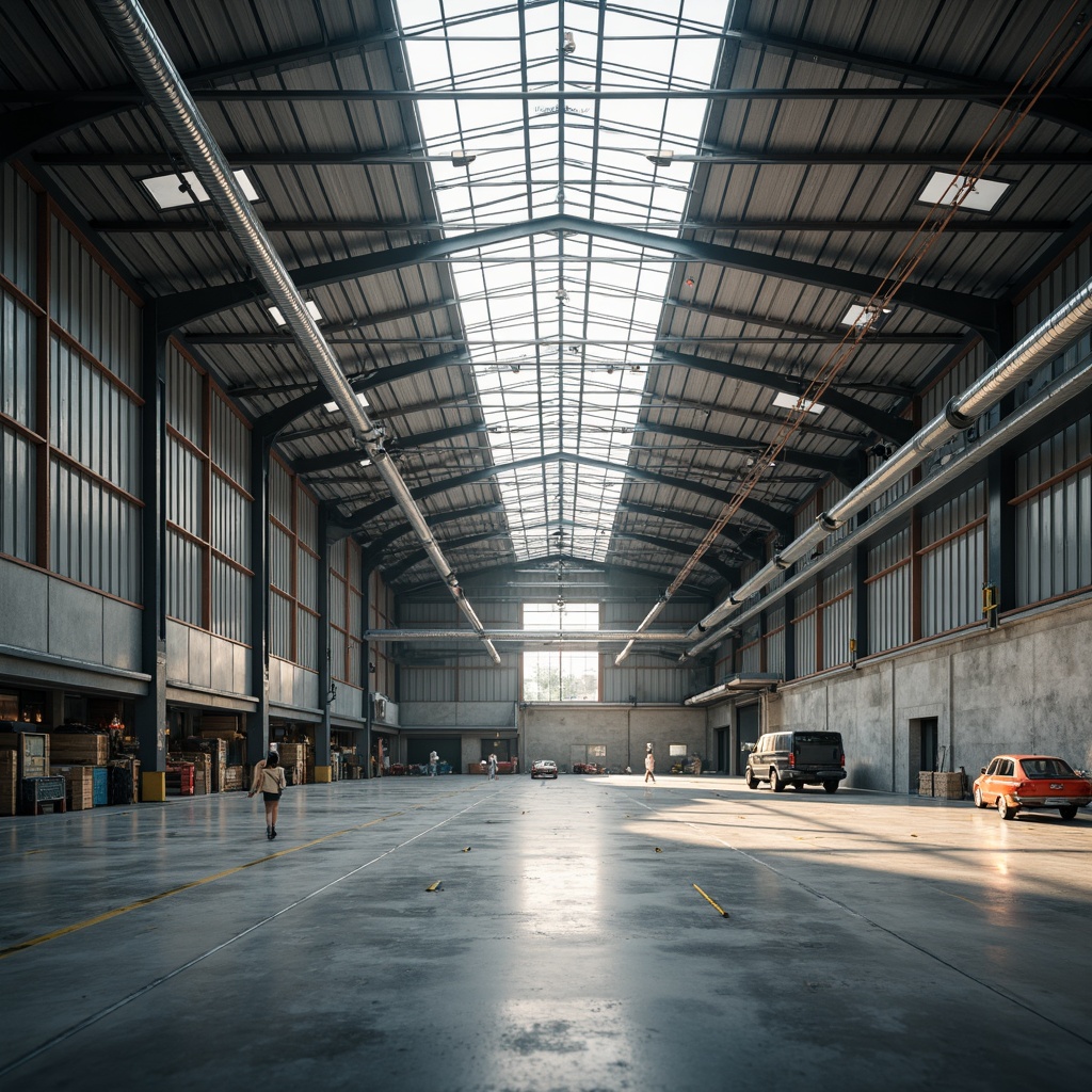 Prompt: Industrial distribution center, high ceilings, clerestory windows, skylights, transparent roofing, metal frames, exposed ductwork, polished concrete floors, minimal obstruction, open layout, natural ventilation, ambient daylight, soft warm lighting, subtle shadows, 1/1 composition, realistic textures, atmospheric perspective.