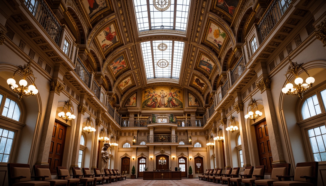 Prompt: Ornate courthouse interior, Renaissance-style ceiling details, gold leaf accents, decorative plasterwork, grand chandeliers, stained glass skylights, marble columns, intricate carvings, ornamental moldings, high ceilings, symmetrical composition, soft warm lighting, shallow depth of field, 1/1 aspect ratio, realistic textures, ambient occlusion.