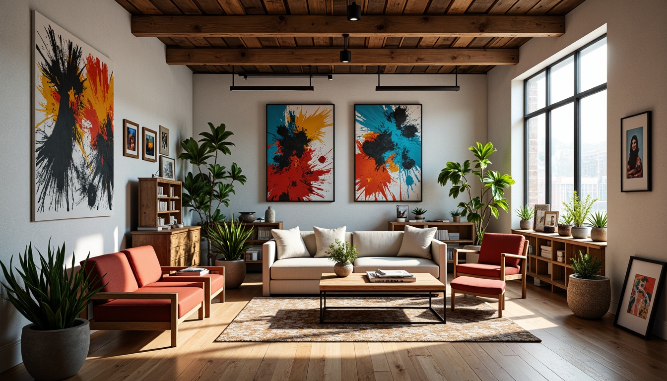 Prompt: Vibrant modern art studio, eclectic artistic atmosphere, bold brushstrokes, splashes of bright colors, abstract expressionism, contemporary furniture, sleek metal accents, polished wooden floors, large windows, natural light, soft warm glow, 3/4 composition, shallow depth of field, realistic textures, ambient occlusion.