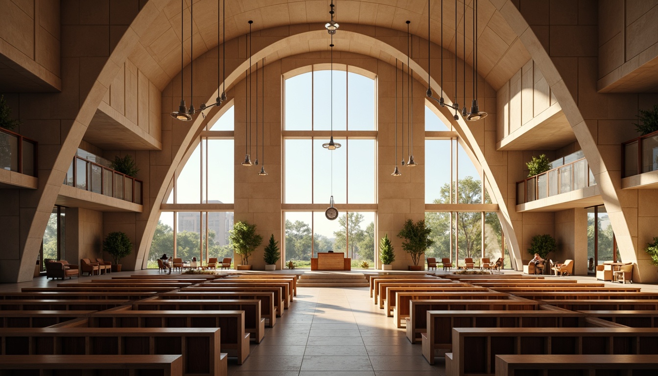 Prompt: Streamlined modern church, curved lines, minimal ornamentation, natural stone fa\u00e7ade, large glass windows, wooden pews, raised podium, suspended acoustic panels, sound-absorbing materials, optimized reverberation time, clear audio clarity, warm ambient lighting, subtle color palette, minimalist interior design, sacred atmosphere, peaceful ambiance, morning sunlight, soft shadows, shallow depth of field, 1/1 composition, realistic textures, ambient occlusion.