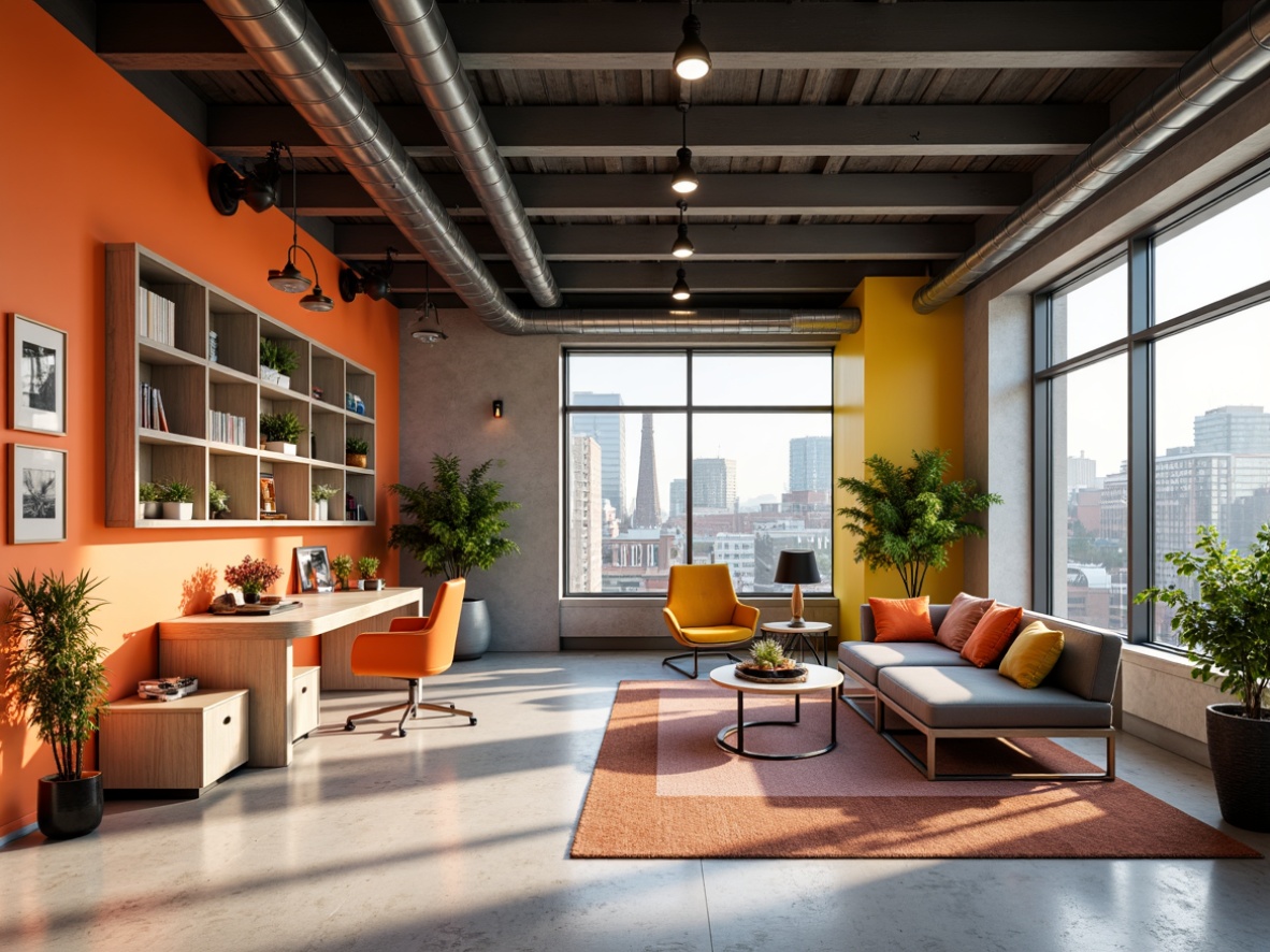 Prompt: Vibrant modern workspace, trendy startup atmosphere, bold bright colors, pastel hues, natural wood accents, industrial metal textures, sleek minimalist furniture, geometric patterns, urban cityscape views, warm sunny lighting, shallow depth of field, 1/1 composition, realistic renderings, ambient occlusion.