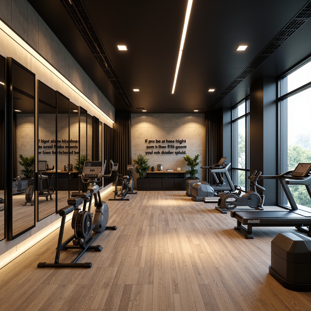 Prompt: Modern home gym, sleek equipment, mirrored walls, polished wood floors, ambient lighting, motivational quotes, fitness trackers, adjustable dumbbells, compact exercise machines, storage cabinets, mesh ventilation, durable rubber flooring, sound-absorbing panels, minimalist decor, natural stone accents, large windows, soft diffused light, shallow depth of field, 3/4 composition, realistic textures, subtle reflections.