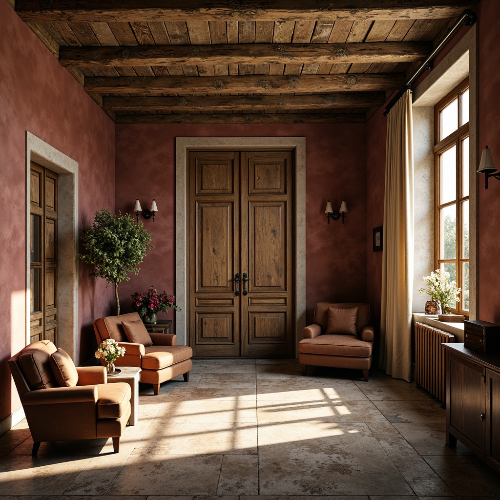 Prompt: Rustic French country manor, earthy maroon walls, weathered stone fa\u00e7ade, distressed wooden shutters, soft moss roofs, vintage iron doors, ornate bronze hardware, rich velvet drapes, warm beige interiors, aged leather armchairs, antique wooden furniture, soft candle lighting, warm afternoon sunbeams, shallow depth of field, 1/2 composition, realistic textures, ambient occlusion.