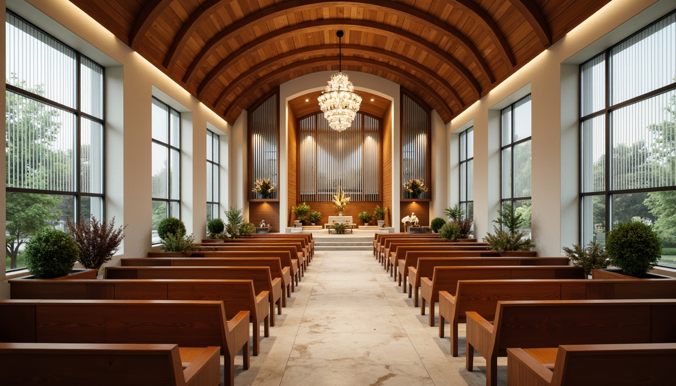 Prompt: Elegant Modern church interior, curved wooden pews, stained glass windows, vaulted ceiling, ornate chandeliers, polished marble floors, subtle ambient lighting, resonant acoustic panels, optimized reverberation time, precise sound diffusion, strategically placed loudspeakers, harmonious color scheme, natural stone fa\u00e7ade, sleek minimalist architecture, serene atmosphere, soft warm daylight, shallow depth of field, 1/1 composition, realistic textures, ambient occlusion.