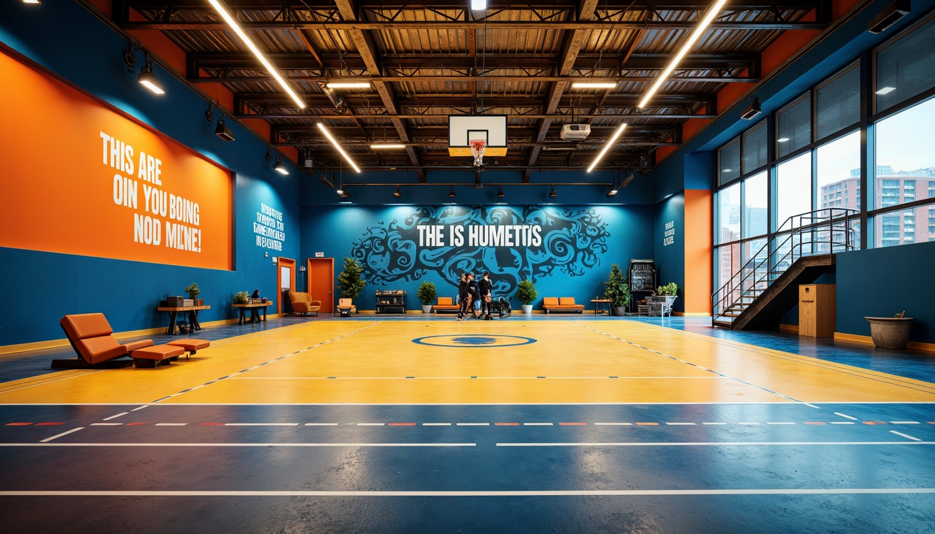 Prompt: Vibrant gymnasium interior, dynamic sports flooring, bold colored walls, motivational quotes, sleek metal equipment, athletic track lanes, modern LED lighting, energetic color scheme, deep blues, fiery oranges, electric yellows, creamy whites, urban industrial vibe, open spaces, high ceilings, minimalist design, functional layout, abundant natural light, warm atmosphere, 1/2 composition, shallow depth of field, realistic textures.