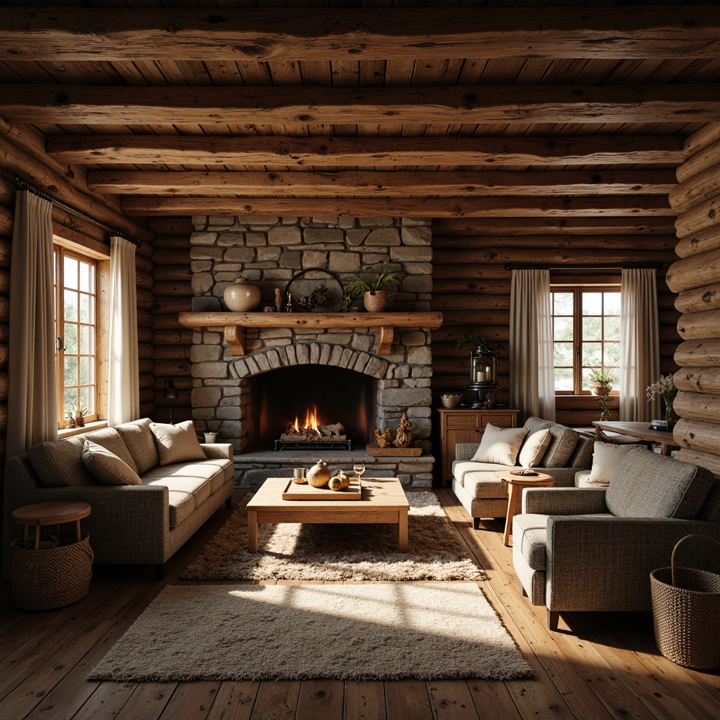 Prompt: Rustic cabin interior, reclaimed wood flooring, distressed wooden beams, stone fireplace, earthy color palette, natural textiles, woven baskets, vintage metal lanterns, wooden furniture with ornate carvings, plush area rugs, warm candlelight, soft shadows, cozy atmosphere, 1/1 composition, shallow depth of field, realistic wood grain textures, ambient occlusion.