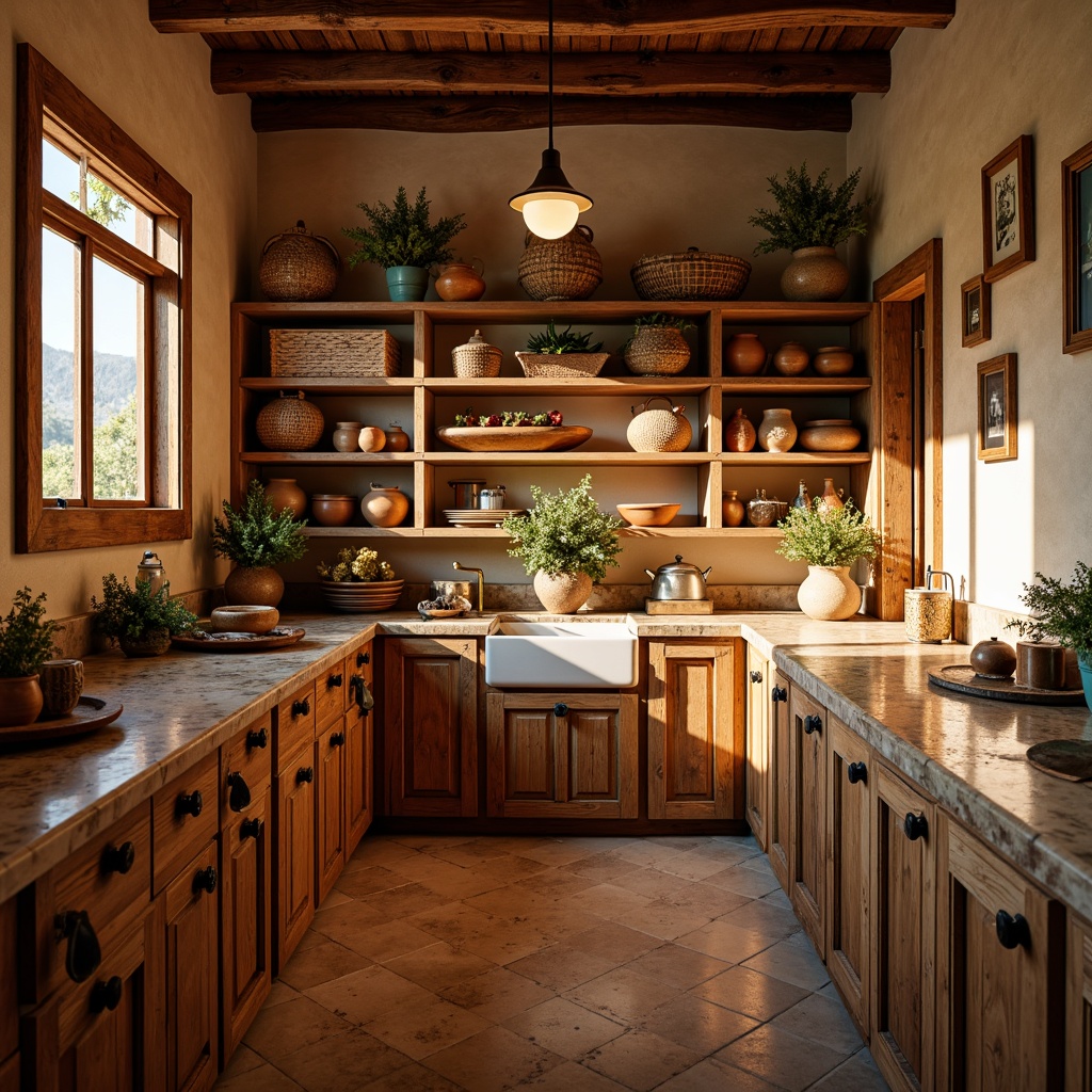 Prompt: Rustic southwestern pantry, warm earthy tones, rich wood cabinetry, ornate metal hardware, turquoise accents, woven basket storage, terra cotta pottery, natural stone countertops, reclaimed wood shelves, ambient soft lighting, shallow depth of field, 1/1 composition, realistic textures, warm afternoon sunbeams, cozy intimate atmosphere.