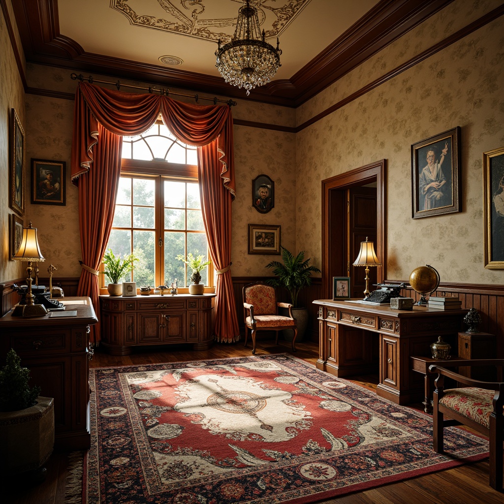 Prompt: Richly ornate Victorian home office, warm golden lighting, luxurious velvet drapes, intricately patterned rugs, ornamental wooden furniture, carved mahogany desks, leather-bound books, vintage globes, classic typewriters, elegant crystal chandeliers, soft muted colors, earthy tones, mossy green accents, distressed wood textures, aged paper effects, warm beige walls, rich walnut paneling, 1/2 composition, shallow depth of field, realistic rendering, atmospheric lighting.