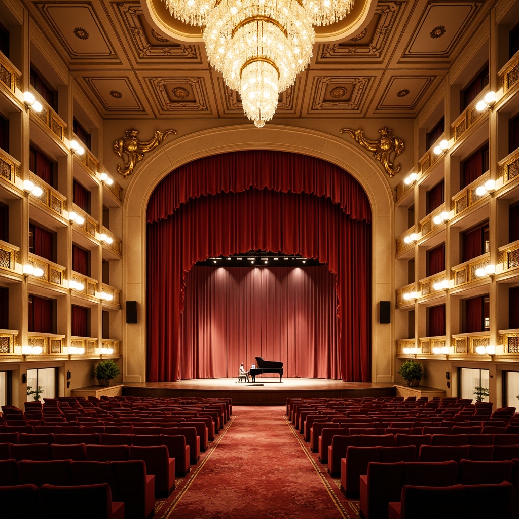 Prompt: Grand concert hall, luxurious velvet curtains, ornate golden balconies, majestic chandeliers, warm ambient lighting, soft spotlighting, LED stage lights, futuristic fiber optics, sleek minimalist lamps, elegant sconces, rich wood paneling, plush red seating, grand piano, intricate plaster ceilings, dramatic archways, warm beige walls, subtle color temperature transitions, high contrast ratios, cinematic lighting effects, 1/2 composition, shallow depth of field, realistic reflections.