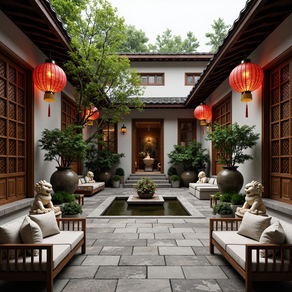 Prompt: Traditional Chinese courtyard, intricately carved wooden doors, majestic stone lions, vibrant red lanterns, ornate ceramic vases, lush green bamboo plants, serene water features, natural stone flooring, rustic wooden benches, plush silk cushions, elegant curves, subtle lighting, soft warm ambiance, 1/1 composition, shallow depth of field, realistic textures, ambient occlusion.