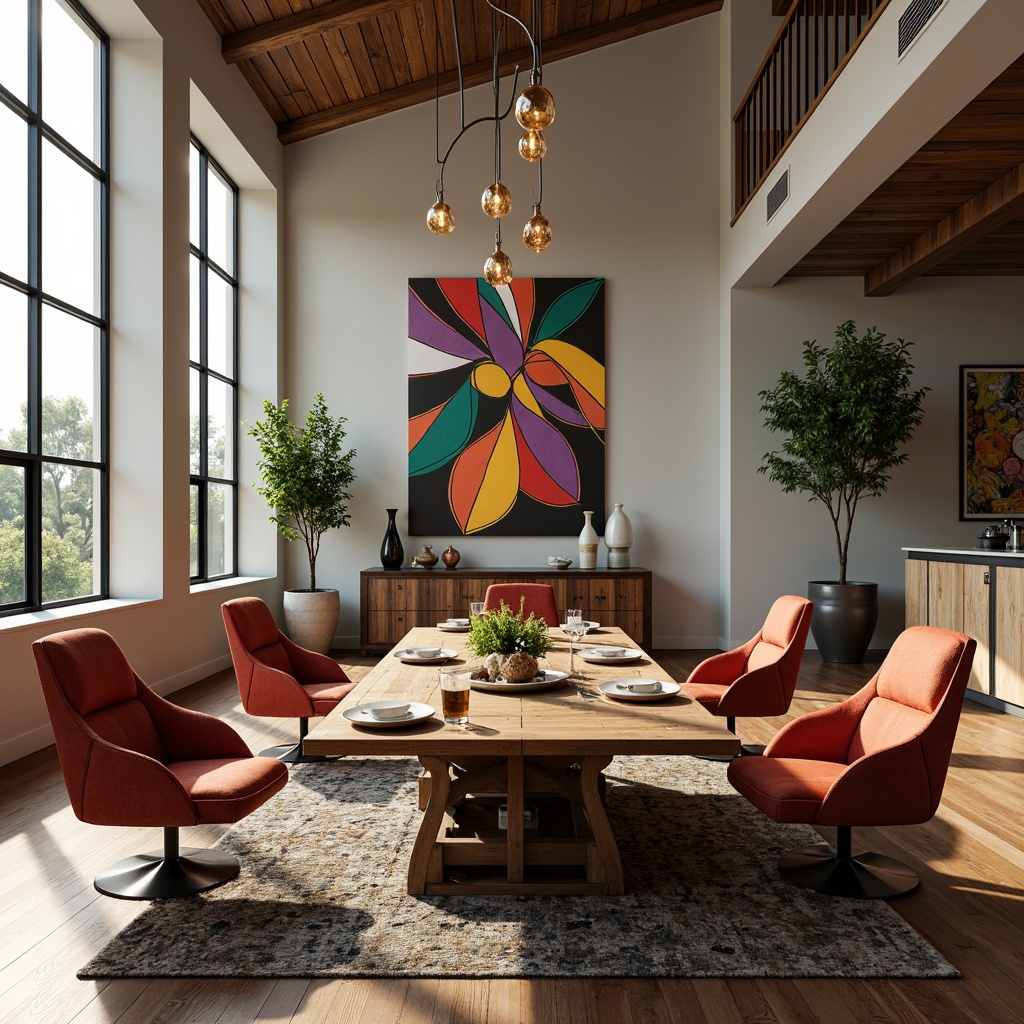 Prompt: Spacious dining room, postmodern eclectic decor, bold color blocking, mixed patterns, abstract artwork, unconventional furniture shapes, ornate metal accents, rich textiles, statement lighting fixtures, high ceilings, open floor plan, minimalist walls, large windows, natural light pouring in, subtle gradient shadows, warm atmospheric glow, 1/1 composition, realistic reflections, ambient occlusion.