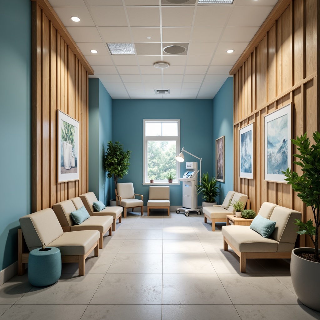 Prompt: Soothing medical clinic, calming blue tones, warm beige accents, natural wood textures, gentle greenery, soft overhead lighting, comfortable seating areas, minimalist decor, modern medical equipment, sterile surfaces, calming art pieces, serene atmosphere, shallow depth of field, 1/2 composition, realistic rendering, ambient occlusion.