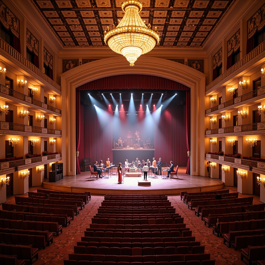 Prompt: Grand concert hall, ornate chandeliers, crystal sconces, warm golden lighting, plush red velvet seats, intricate moldings, high ceilings, dramatic spotlights, LED stage lights, vibrant color changing effects, soft ambient glow, luxurious atmosphere, sophisticated architectural design, elegant curves, polished marble floors, lavish decorations, sparkling crystals, majestic grandeur, cinematic scope, shallow depth of field, 1/1 composition, realistic reflections.