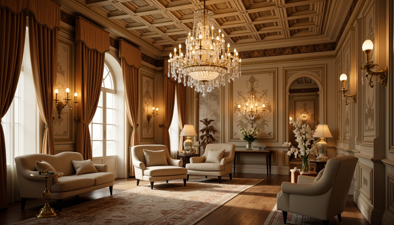 Prompt: Ornate chandeliers, crystal droplets, golden accents, delicate filigree, soft warm glow, candelabras, ornamental sconces, lavish draping, velvet fabrics, rich wood tones, intricate carvings, opulent furnishings, French-inspired decor, luxurious textures, warm beige colors, creamy whites, subtle sparkle, dramatic shadows, 1/2 composition, soft focus, warm color temperature.