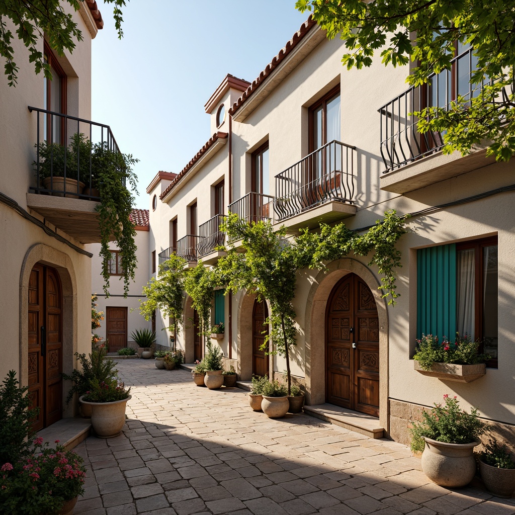 Prompt: Warm Mediterranean light, rustic stone arches, creamy white stucco walls, ornate ironwork balconies, turquoise accents, terracotta roof tiles, lush green vines, fragrant blooming flowers, aged wooden doors, intricate ceramic patterns, soft warm shadows, shallow depth of field, 1/2 composition, natural textures, ambient occlusion.