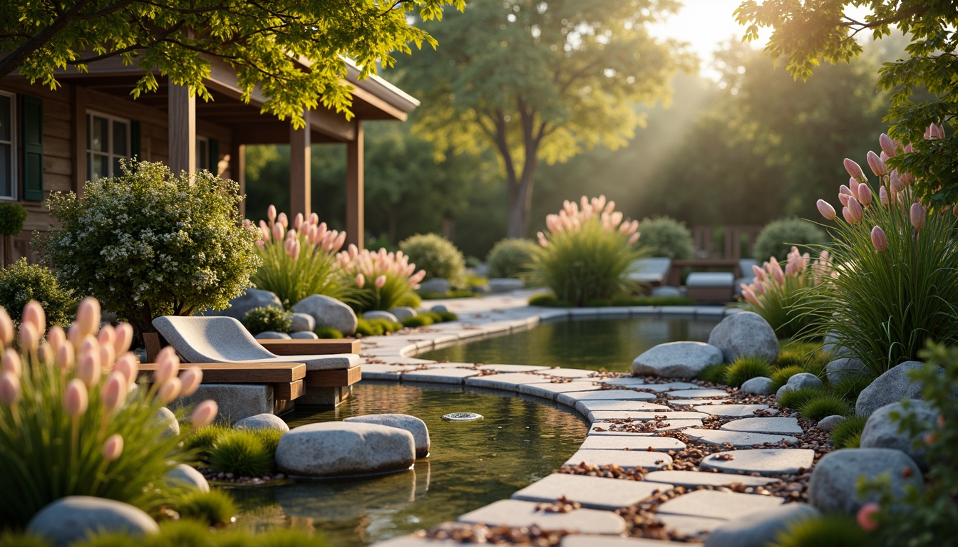 Prompt: Vibrant botanical garden, lush greenery, blooming flowers, soft petals, gentle water features, serene atmosphere, natural stone pathways, wooden benches, warm golden lighting, shallow depth of field, 3/4 composition, realistic textures, ambient occlusion, earthy color palette, muted pastels, soft peach tones, creamy whites, rich wood accents.