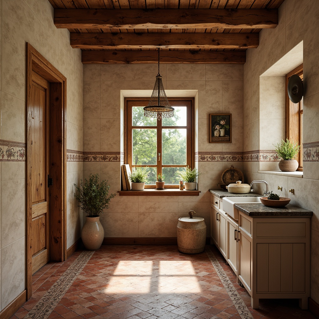 Prompt: Rustic farmhouse, vintage tile patterns, distressed wood accents, earthy color palette, natural stone flooring, ceramic tiles with floral motifs, hexagonal tile arrangements, brick-red and cream-colored hues, textured matte finishes, subtle sheen, traditional country charm, cozy atmosphere, soft warm lighting, shallow depth of field, 1/1 composition, intimate close-up view, realistic textures, ambient occlusion.