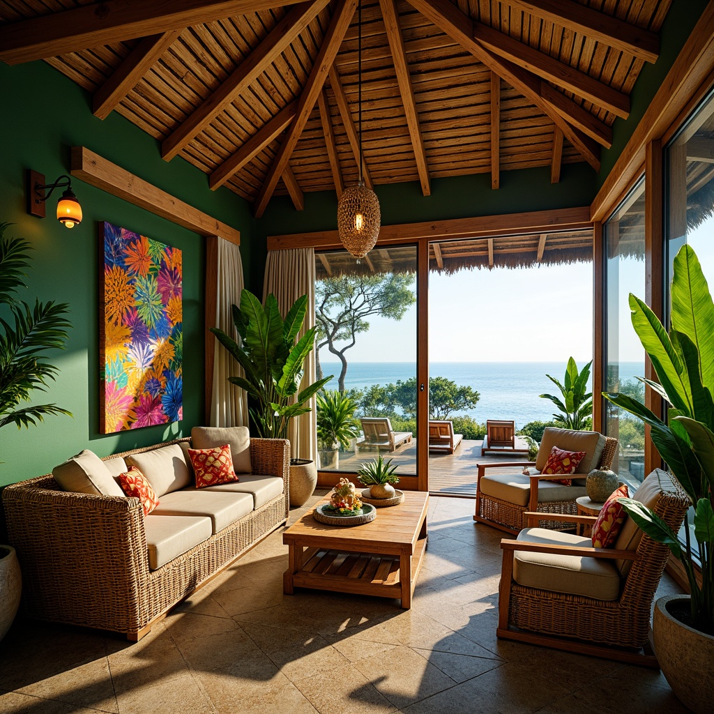 Prompt: Tropical interior space, natural materials, woven rattan furniture, lush green walls, exotic plants, warm wooden accents, vibrant colorful textiles, intricate island-inspired patterns, soft diffused lighting, ambient glow, pendant lamps, LED strips, floor-to-ceiling windows, sliding glass doors, ocean views, beachy atmosphere, bright sunny day, shallow depth of field, 1/1 composition, panoramic view, realistic reflections, warm cozy ambiance.