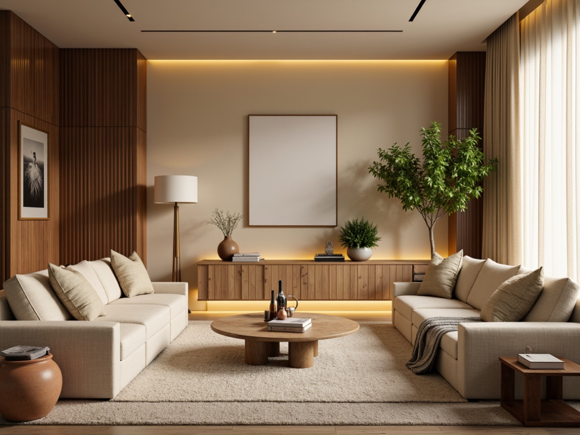 Prompt: Cozy living room, warm beige walls, rich wood accents, plush velvet furniture, soft golden lighting, natural textiles, earthy terracotta pots, lush greenery, modern minimalist decor, creamy whites, calming blues, soothing greens, monochromatic scheme, analogous harmony, 3/4 composition, shallow depth of field, realistic textures, ambient occlusion.