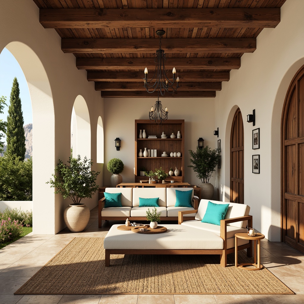 Prompt: Warm Mediterranean interior, rustic stone walls, creamy white stucco, curved archways, ornate wooden doors, vibrant turquoise accents, natural woven textiles, plush area rugs, cozy reading nooks, elegant chandeliers, warm earthy tones, comfortable seating areas, functional built-in shelving, stylish decorative vases, abundant greenery, soft diffused lighting, shallow depth of field, 2/3 composition, harmonious color palette, realistic textures, ambient occlusion.