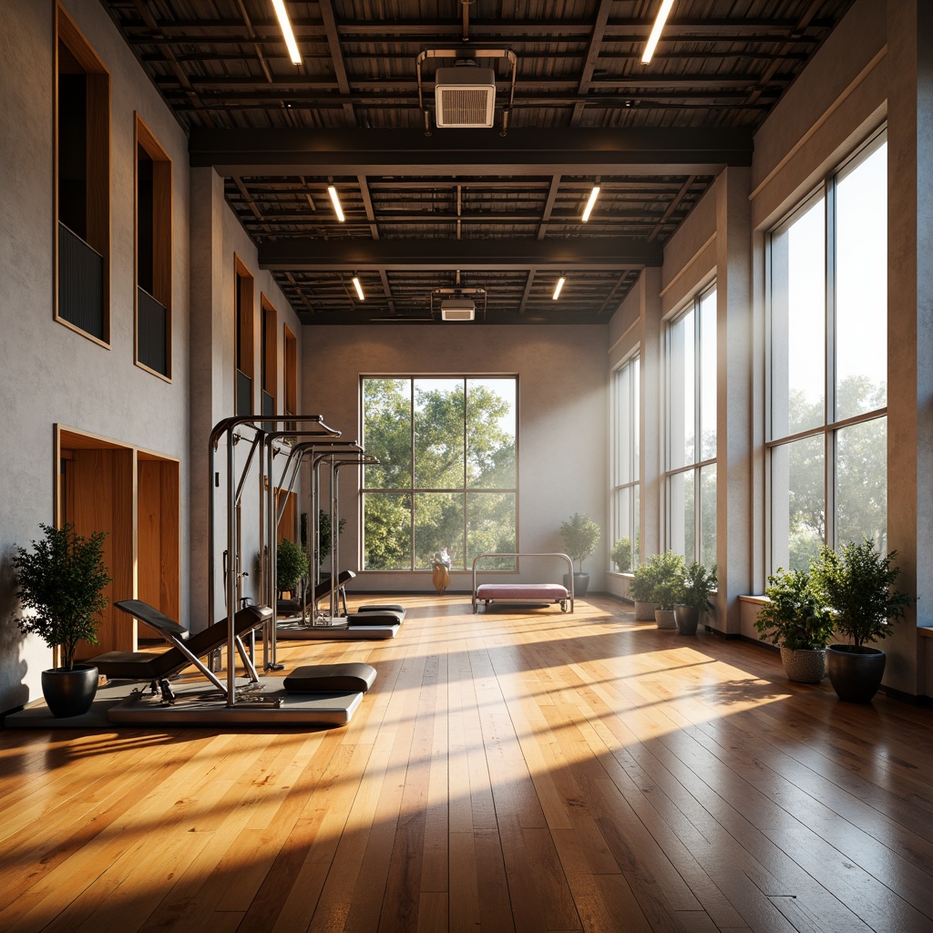 Prompt: Modern gymnasium interior, high ceilings, polished wooden floors, gleaming metal equipment, soft warm lighting, natural daylight, floor-to-ceiling windows, minimal shadows, vibrant colors, dynamic spotlights, ambient illumination, 1/2 composition, shallow depth of field, realistic textures, atmospheric glow.