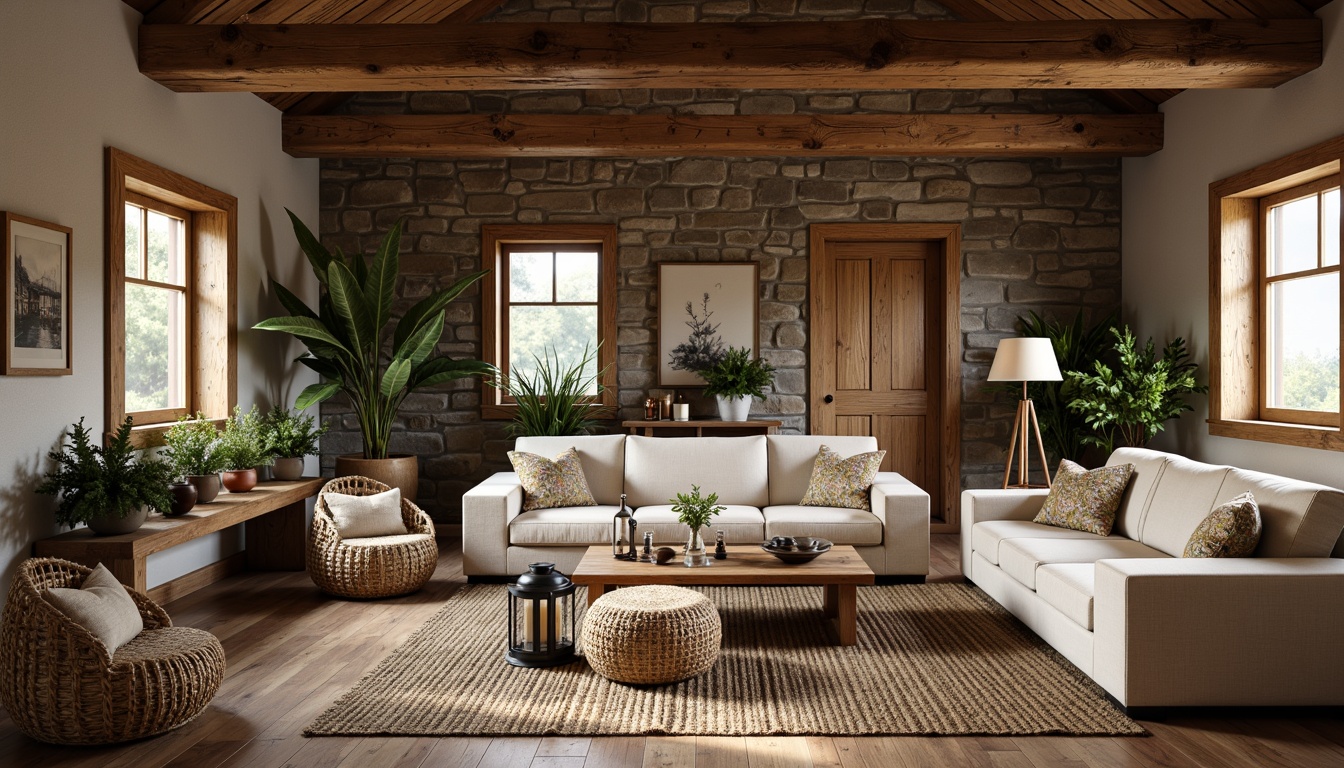 Prompt: Rustic farmhouse, wooden accents, vintage decor, natural textiles, earthy color palette, distressed finishes, reclaimed wood furniture, plush cushions, woven baskets, metal lanterns, potted plants, natural stone walls, wooden beams, cozy nooks, soft warm lighting, shallow depth of field, 3/4 composition, panoramic view, realistic textures, ambient occlusion.