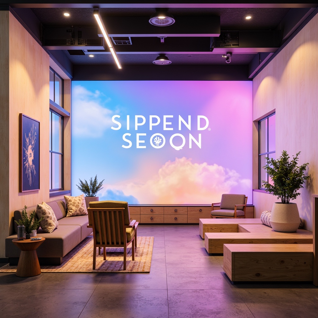 Prompt: Vibrant modern design studio, sleek minimalist interior, bold typography, pastel color scheme, soft gradient backgrounds, metallic accents, natural wood textures, cozy ambient lighting, shallow depth of field, 1/1 composition, realistic rendering, atmospheric effects.