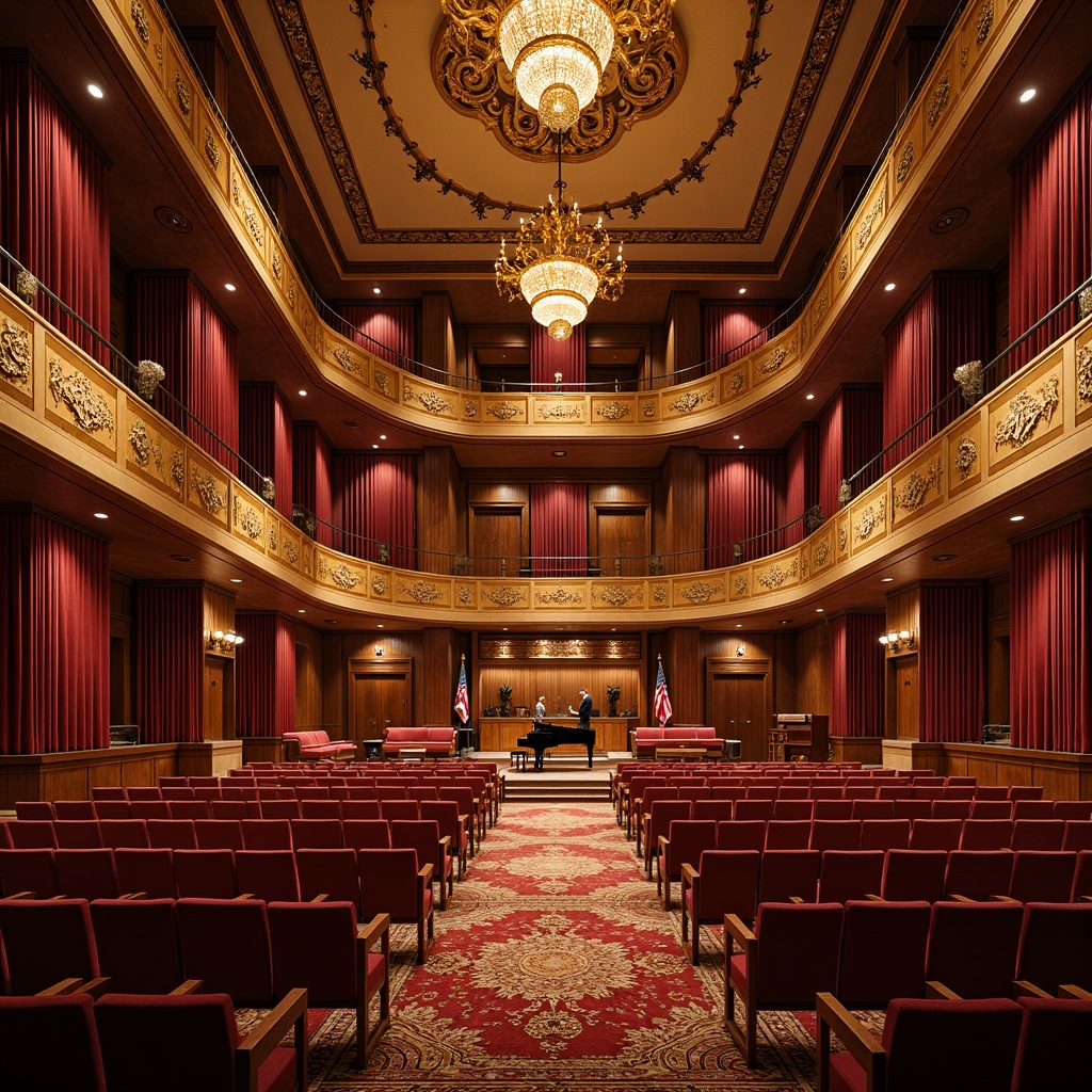 Prompt: Richly ornamented concert hall, wooden acoustic panels, velvet curtains, plush seating, ornate chandeliers, golden balconies, intricately carved wooden doors, grand pianos, soft warm lighting, shallow depth of field, 3/4 composition, panoramic view, realistic textures, ambient occlusion, reverberant sound reflections, precise sound diffusion, optimal sound wave propagation, clear vocal clarity, enhanced musical instrument resonance.