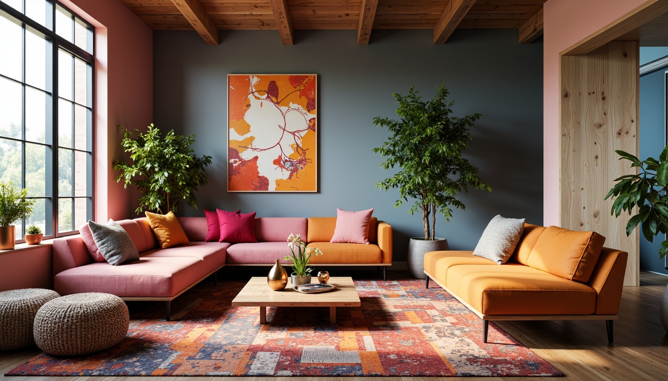 Prompt: Vibrant living room, bold color scheme, statement furniture pieces, patterned rugs, textured throw pillows, eclectic decorative accents, metallic vases, geometric-shaped wall art, floor-to-ceiling windows, natural light pouring in, soft warm glow, cozy reading nook, modern minimalist coffee table, sleek low-profile sofa, plush area rug, abstract artwork, 1/1 composition, softbox lighting, realistic textures.