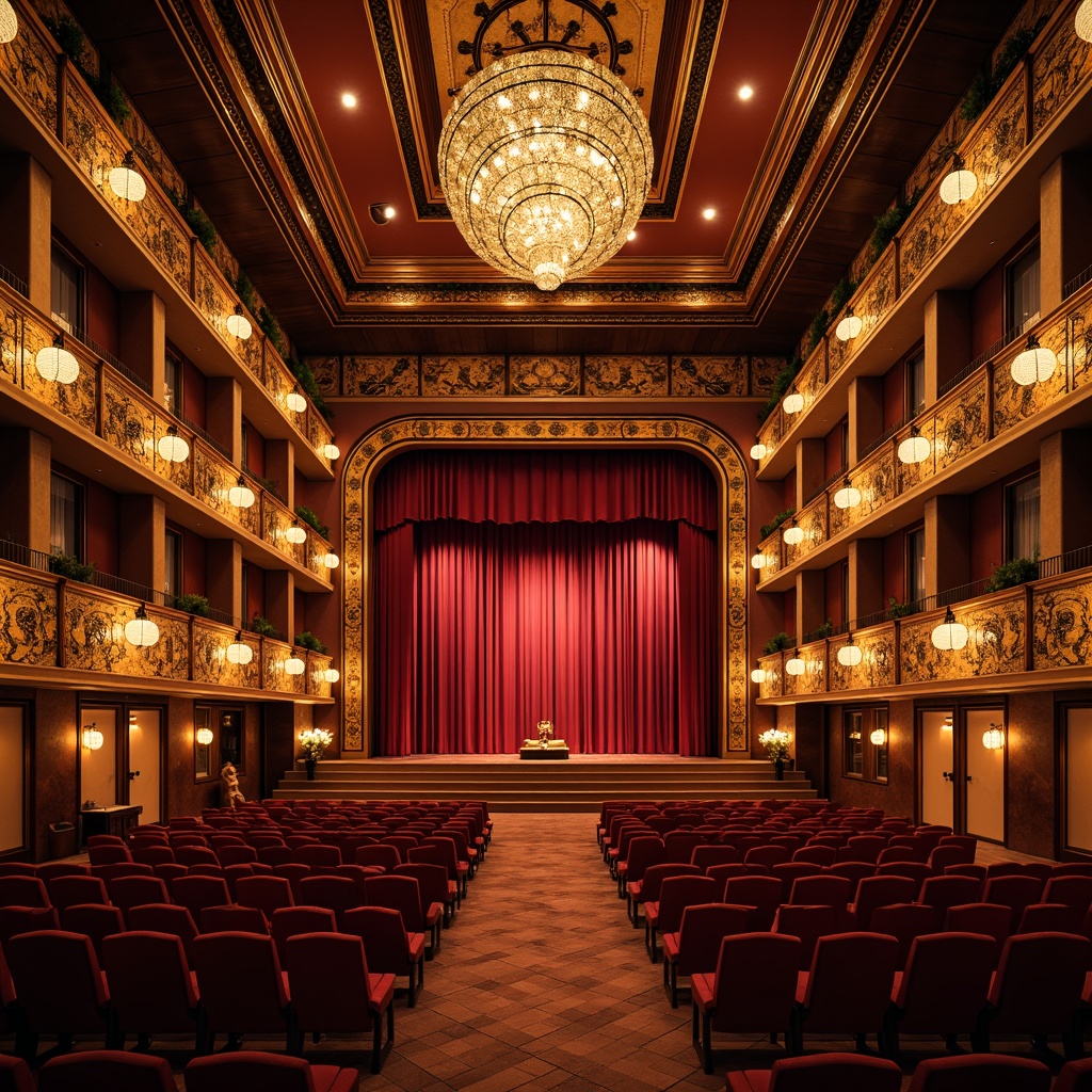 Prompt: \Elegant traditional theater, ornate golden balconies, rich velvet curtains, polished wooden flooring, majestic chandeliers, classic proscenium arches, luxurious red seats, intricate carvings, subtle stage lighting, warm atmospheric ambiance, soft focus blur, 2/3 composition, medium shot framing, realistic fabric textures, delicate paper lanterns, traditional Chinese motifs, ornate ceramic vases, serene water features.\