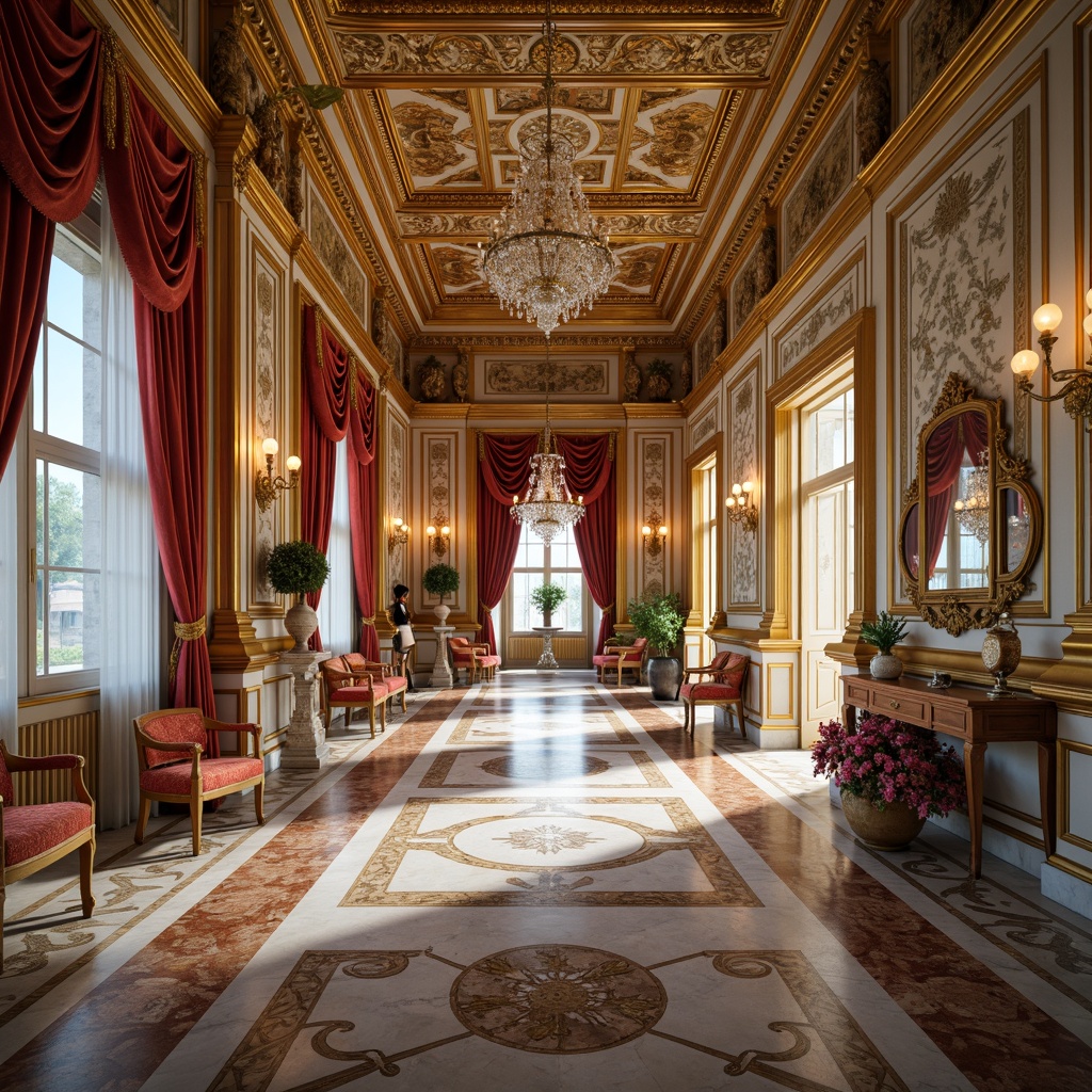 Prompt: Opulent Baroque-style palace, intricately patterned marble floors, richly veined travertine, ornate inlays, gilded details, lavish furnishings, velvet drapes, crystal chandeliers, soft warm lighting, shallow depth of field, 3/4 composition, panoramic view, realistic textures, ambient occlusion.